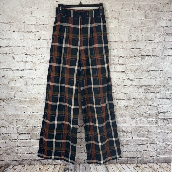 FRNCH Paris Women's Philo Woven Black Ivory Rust Plaid Pants Small 100% Cotton S - Picture 2 of 11
